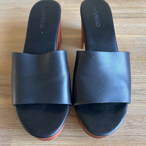 Mango Shoes Womens 7.5 Black Leather Chunky Wood Studded Platform Block Heel - Picture 8 of 16